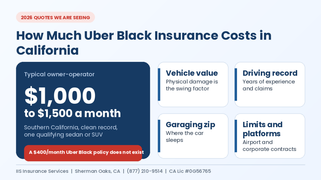 Infographic showing Uber Black insurance cost in California in 2026: $1,000 to $1,500 a month for an owner-operator, and the factors that move the price