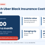 Infographic showing Uber Black insurance cost in California in 2026: $1,000 to $1,500 a month for an owner-operator, and the factors that move the price