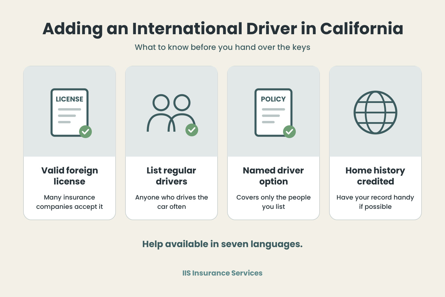 Infographic on how to add an international driver to car insurance in California with a valid foreign license