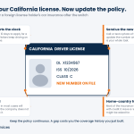 Car insurance for foreign license holders infographic showing a California driver license with four callouts: the 10-day residency rule, sending the new number to your agent, the rate review, and home-country driving history