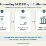 Infographic showing three steps to same-day SR22 filing in California: call with your license info, the policy is bound and paid, and the SR22 is sent to the DMV the same day.