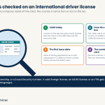 Insurance companies that accept international drivers license infographic: a magnifying glass over a driver license card with four cards showing what the insurance company checks, validity, country of residence, first issue date, and the license number