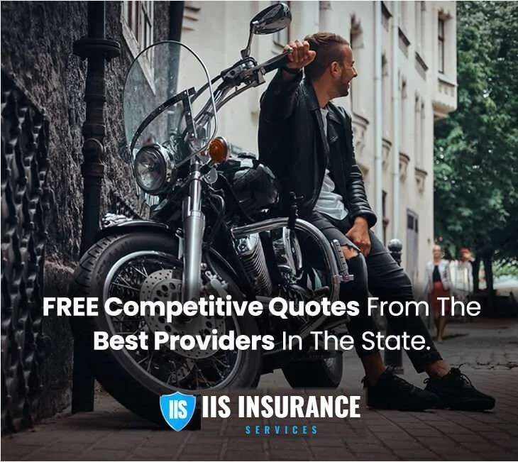 Motorcyclist leaning on his cruiser bike, free motorcycle insurance quotes in California from IIS Insurance Services