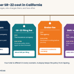 Non owners SR22 insurance California cost infographic showing the four separate charges: the premium, the SR-22 filing fee charged once per policy term, the broker fee, and the DMV reissue fee in DUI cases