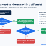 SR-1 form California infographic: flowchart showing when the DMV accident report is due within 10 days and what happens if you were uninsured