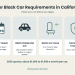 Uber Black car requirements California infographic: 7 years or newer, black inside and out, seats 4 or more, commercial insurance
